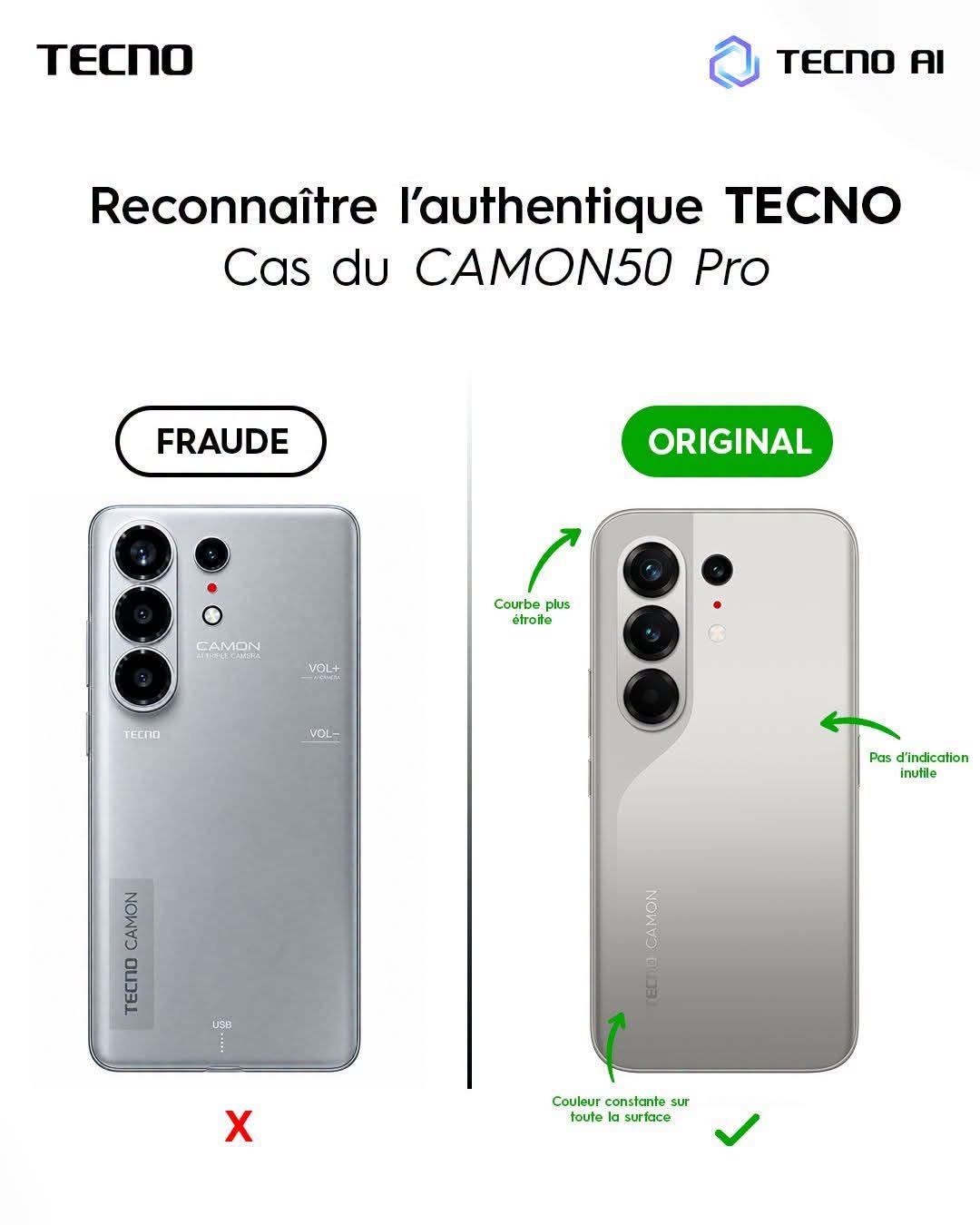 Tecno Camon 50 Pro : dos fraude à gauche, original à droite