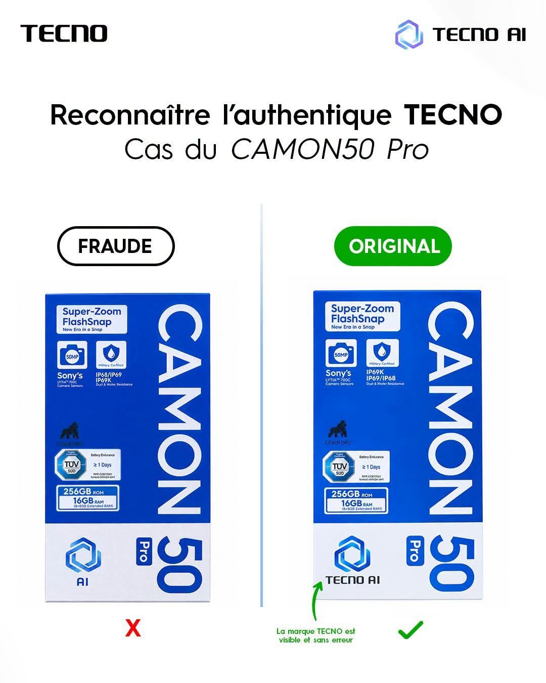 Boîte Camon 50 Pro : fraude à gauche, original à droite